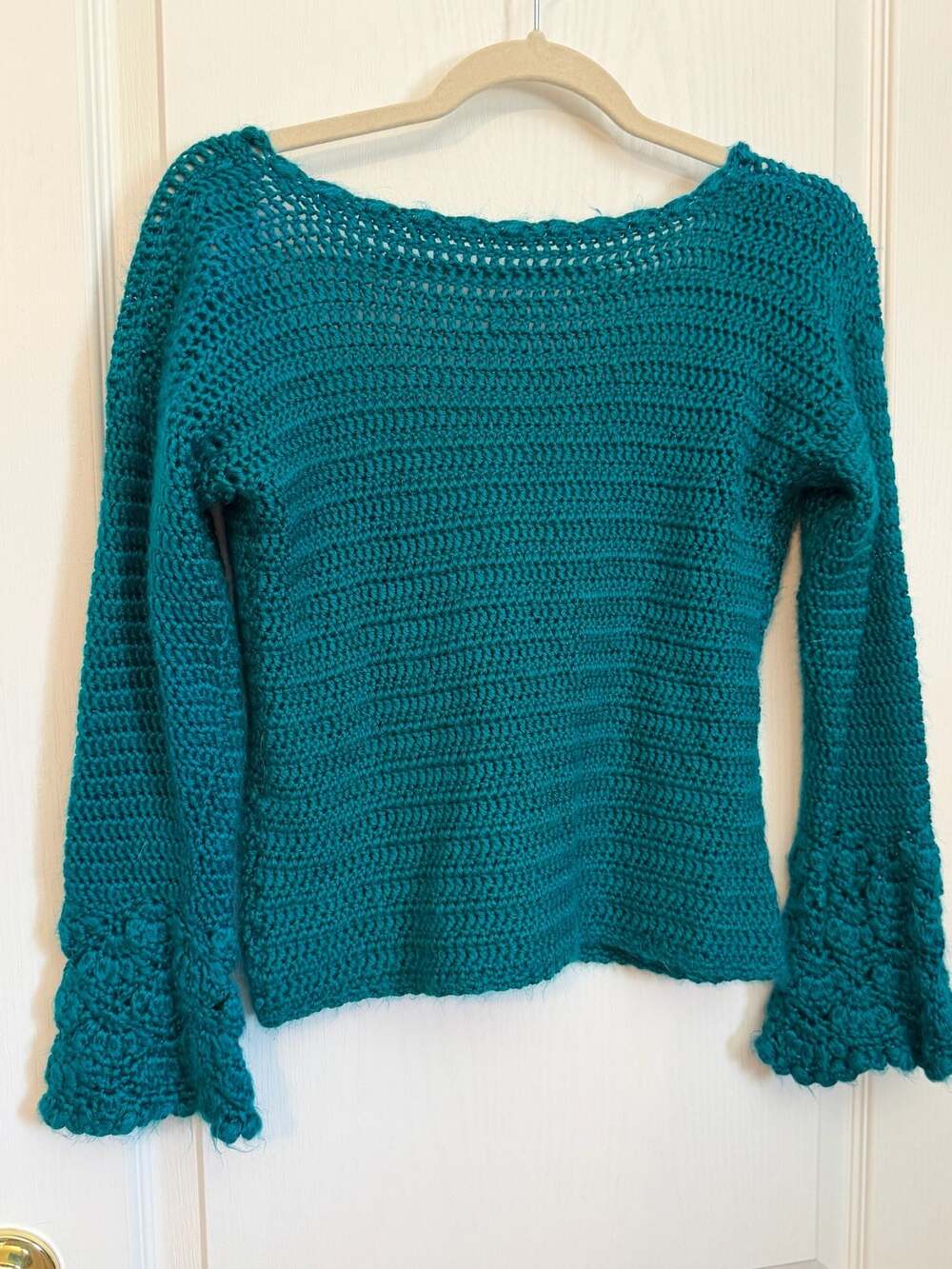 Handmade Teal Crochet Long Sleeve Flared Cuff V-Neck Boho Sweater Top